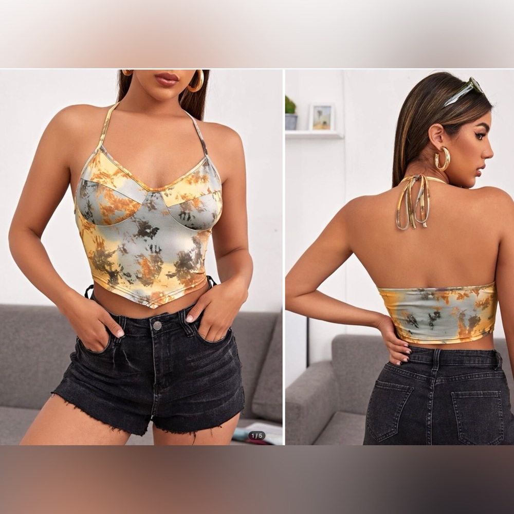SHEIN Tie Dye Bustier Crop Halter Top